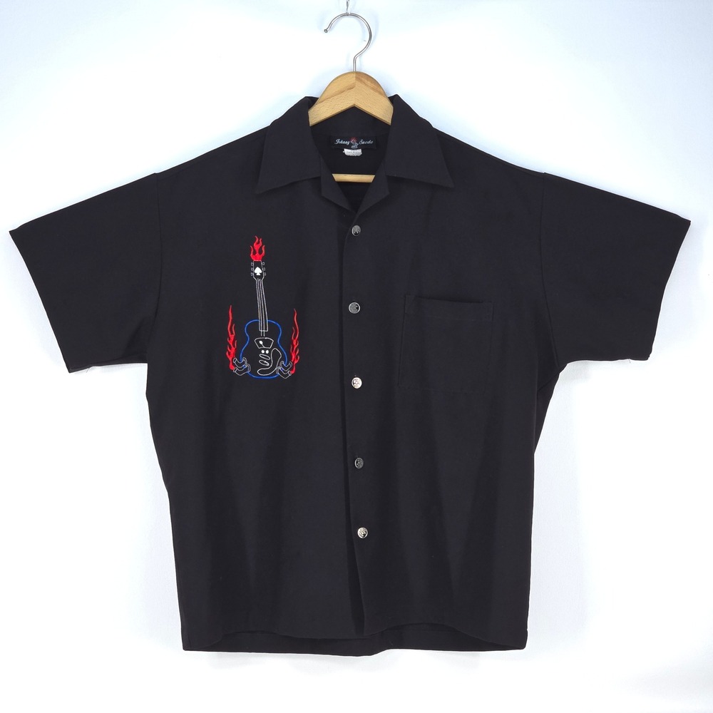 Johnny Suede Flame Guitar Bowling Shirt‎ XL Y2K Stitch 90s Rockabilly USA Made